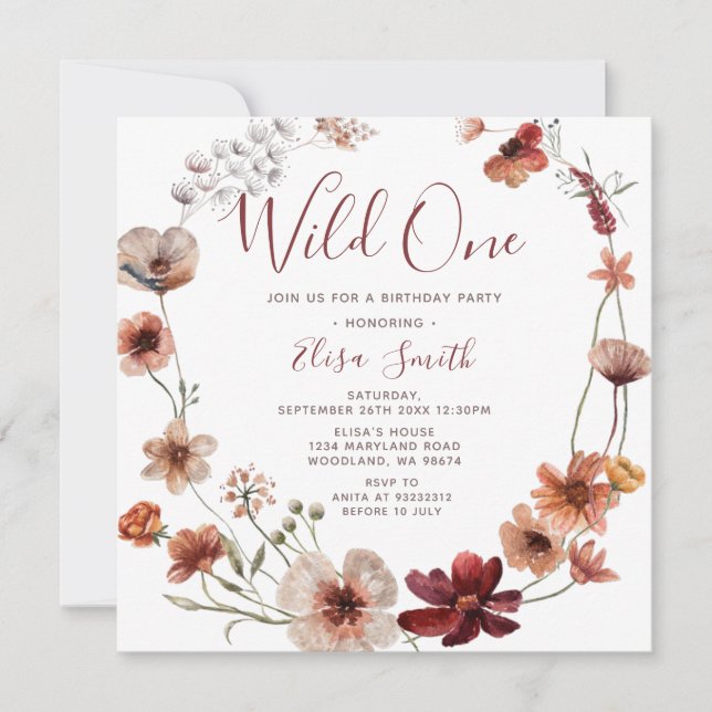 Invitation Wild One Boho Automne Fleur sauvage fête d'anniver (Devant)