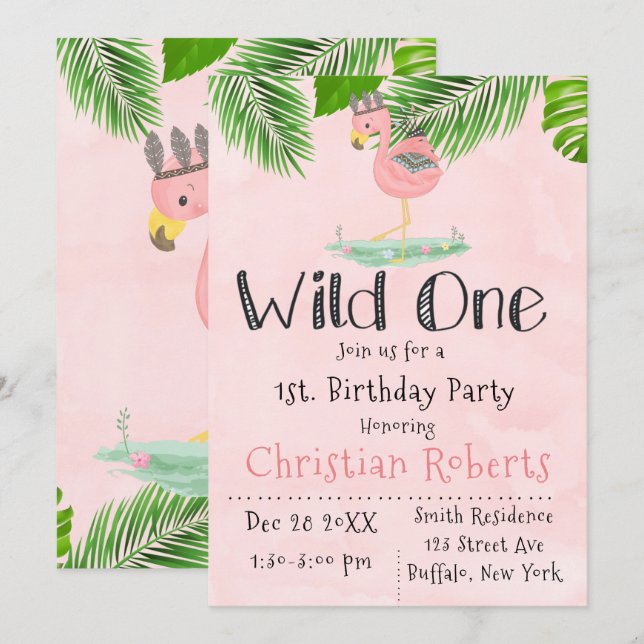 Invitation Wild One Boho rose Flamant rose fête d'anniversair (Devant / Derrière)