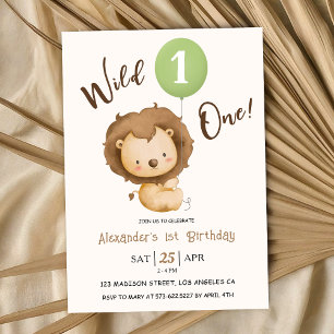 Invitation Wild One Boy 1er Anniversaire Lion Sage Green Ball
