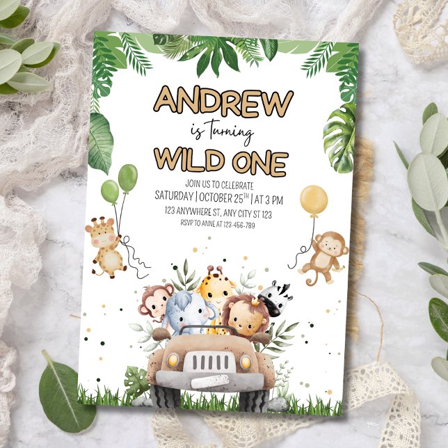 Invitation Wild One Boy's 1st Birthday Invitation, Safari Ani (Créateur téléchargé)