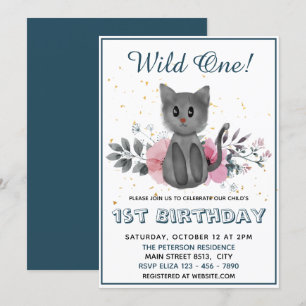 Invitation Wild One - Chat bébé et fleurs 1er anniversaire