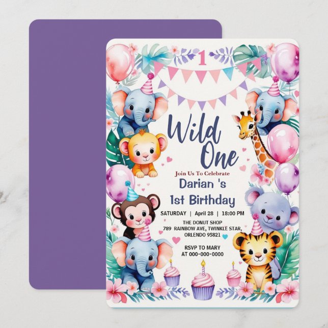 Invitation Wild One Cute Animals Balloon cupcake 1st Birthday (Devant / Derrière)