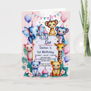 Invitation Wild One Cute Animaux Ballons enfants 1er annivers