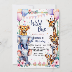 Invitation Wild One Cute Animaux Balloon cupcake 1er annivers