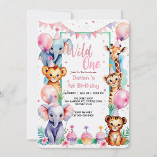 Invitation Wild One Cute Animaux Balloon cupcake 1er annivers