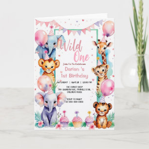Invitation Wild One Cute Animaux Balloon cupcake 1er annivers
