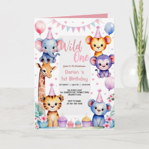 Invitation Wild One Cute Animaux Balloon fille 1er Anniversai