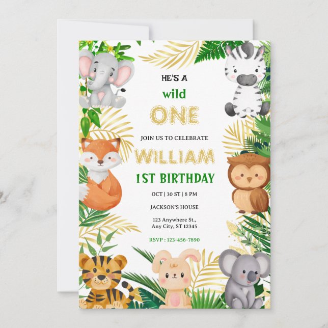 Invitation Wild One Cute Jungle Animal Child's 1st Birthday  (Devant)