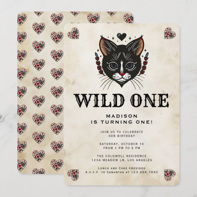 Invitation Wild One Cute Kitten Cat Rockabilly 1er Anniversai (Devant / Derrière)