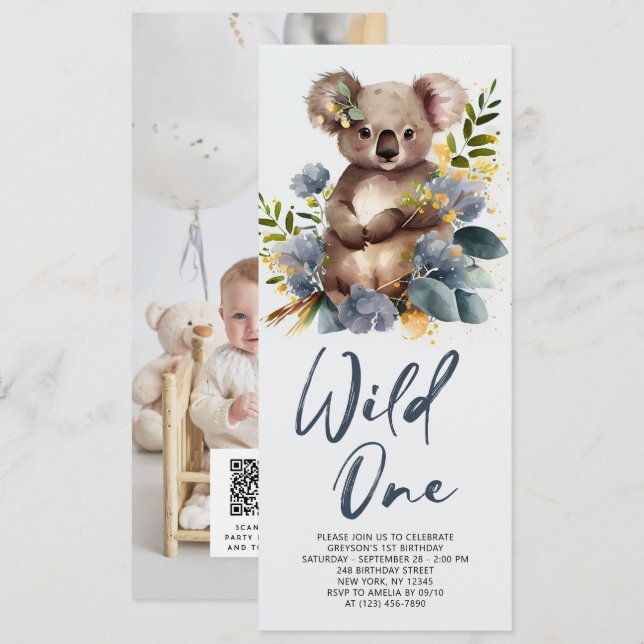 Invitation Wild One Cute Koala 1er Anniversaire Photo Animal (Devant / Derrière)