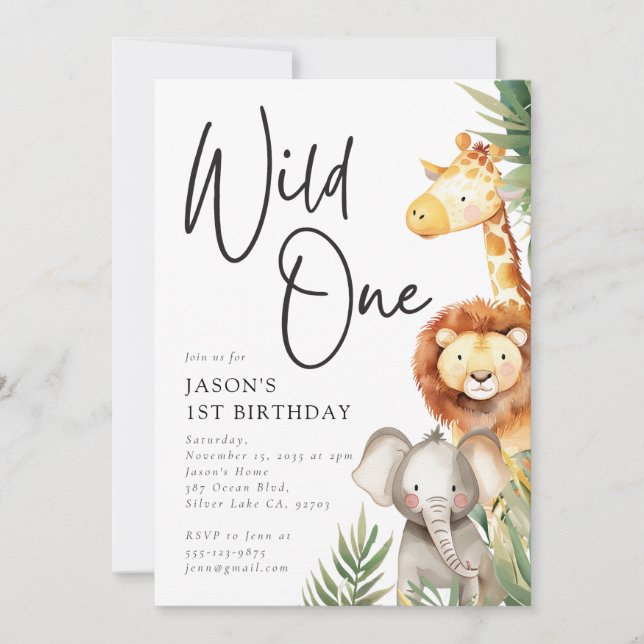 Invitation Wild One Cute Safari Animaux 1er anniversaire (Devant)