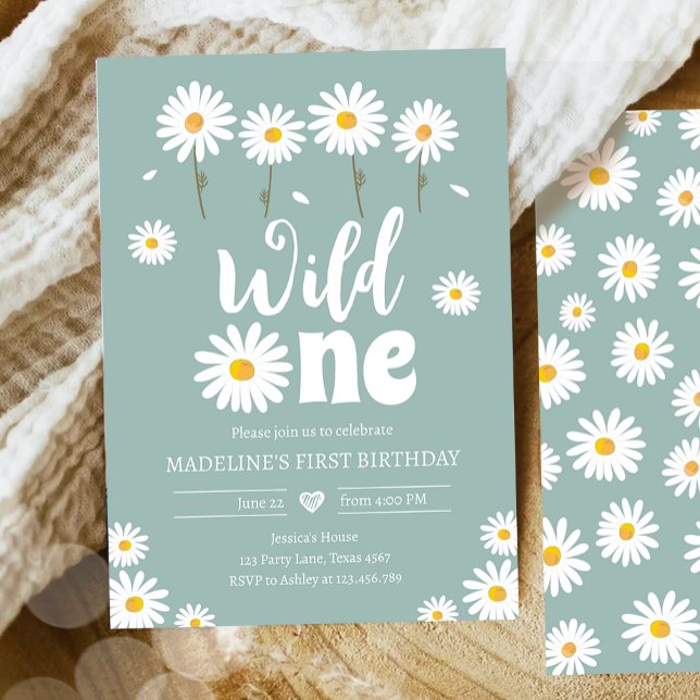 Invitation Wild One Daisy Boho Dusty Blue Girl Premier annive (Créateur téléchargé)