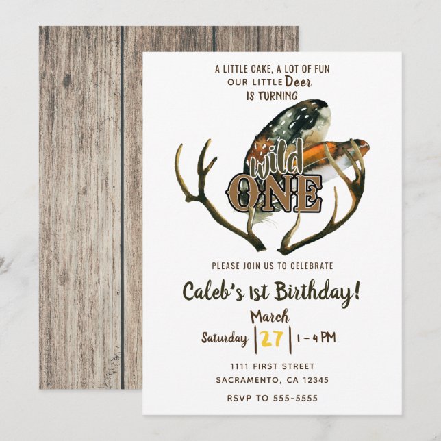 Invitation Wild One Deer Antlers & Feathers Boho 1er annivers (Devant / Derrière)