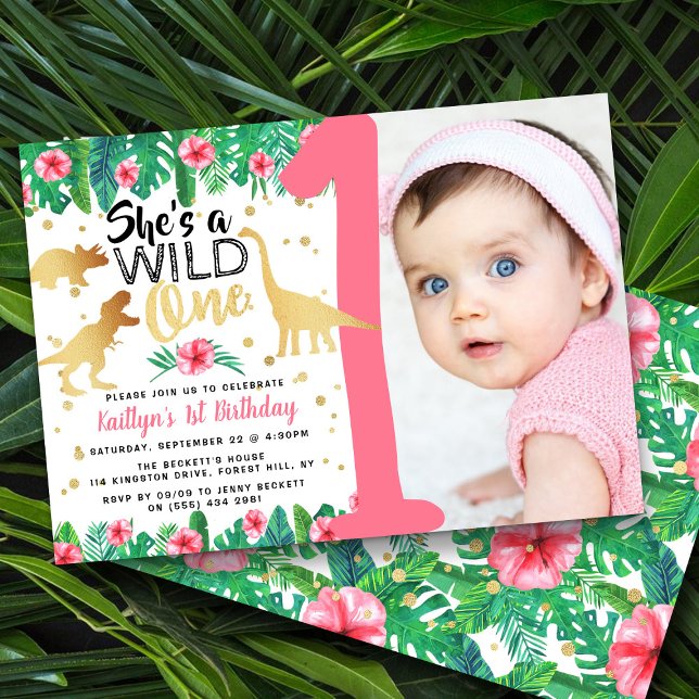 Invitation Wild One Dinosaur Girls 1er Anniversaire Photo (Créateur téléchargé)
