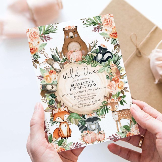 Invitation Wild One Fall Floral Woodland Animaux 1er annivers (Créateur téléchargé)