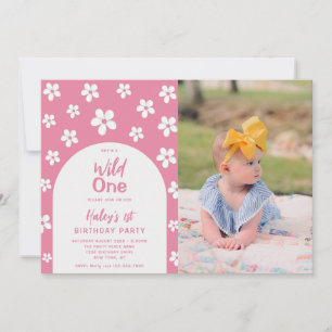 Invitation Wild One Floral Photo Baby Girl 1er anniversaire f