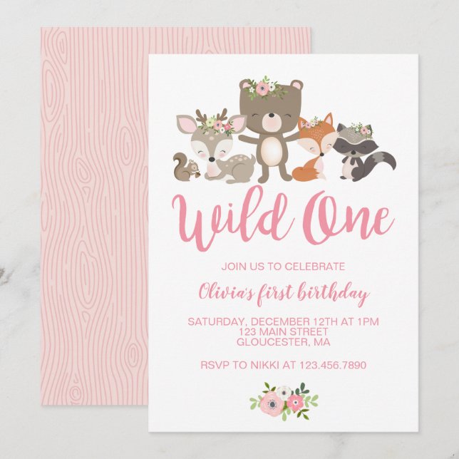 Invitation Wild One Floral Woodland Animal First Birthday Inv (Devant / Derrière)
