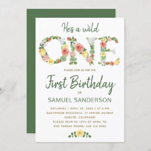 Invitation Wild ONE garçon typographie florale script 1er ann