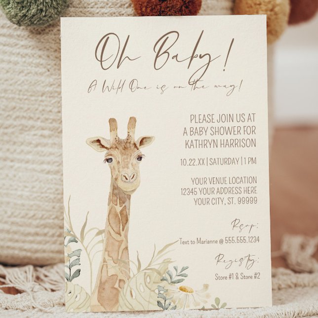 Invitation Wild One Giraffe Daisy Floral Genre Neutre Bébé (Créateur téléchargé)