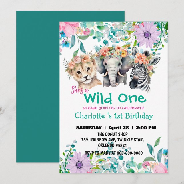 Invitation Wild One Giraffe zèbre jungle 1er Animaux Annivers (Devant / Derrière)