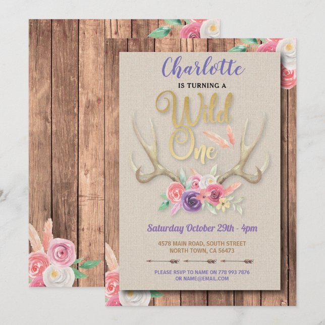 Invitation Wild ONE Girls Antlers Fleurs d'anniversaire (Devant / Derrière)