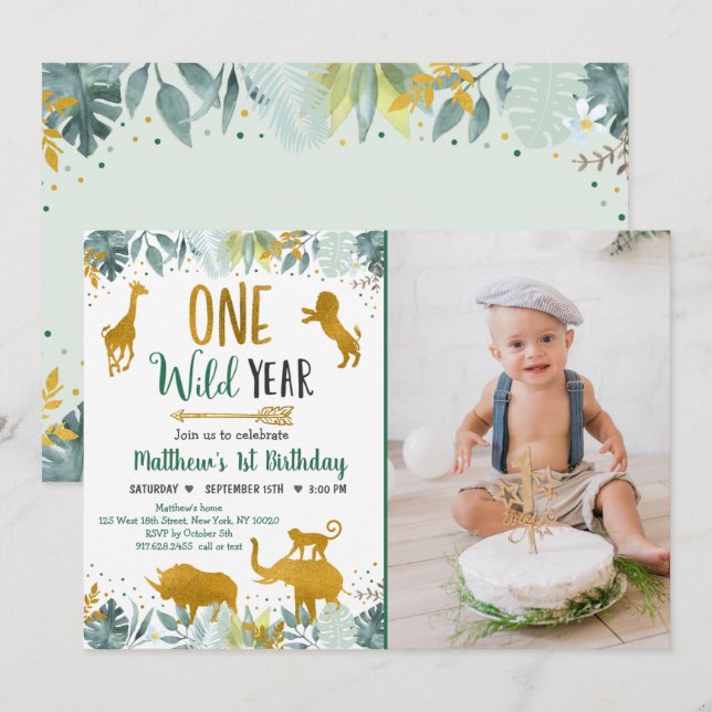 Invitation Wild One Green Safari Gold Anniversaire (Devant / Derrière)