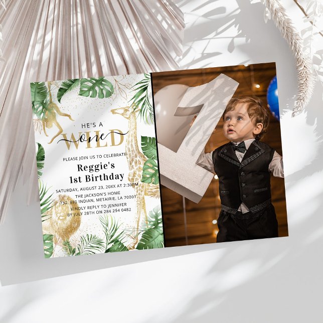 Invitation Wild One Jungle Green & Gold 1er Anniversaire Phot (Créateur téléchargé)