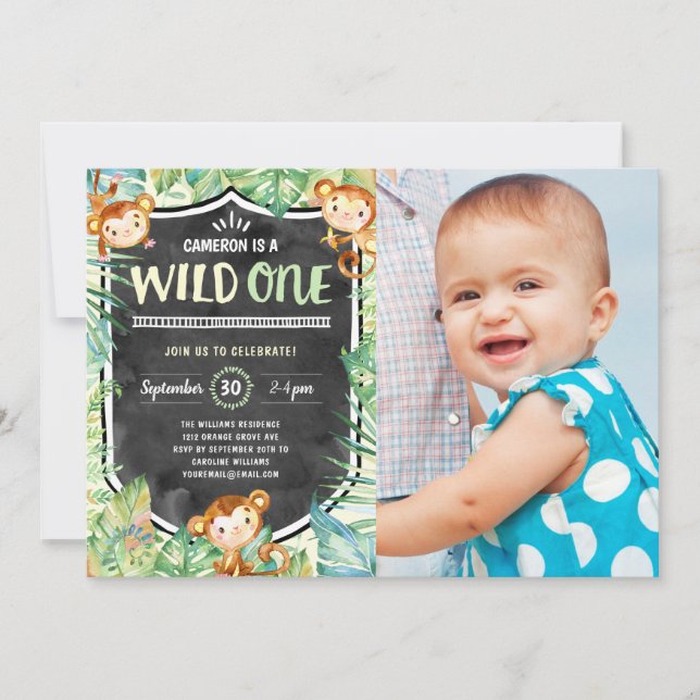 Invitation Wild One Jungle Première fête d'anniversaire Photo (Devant)