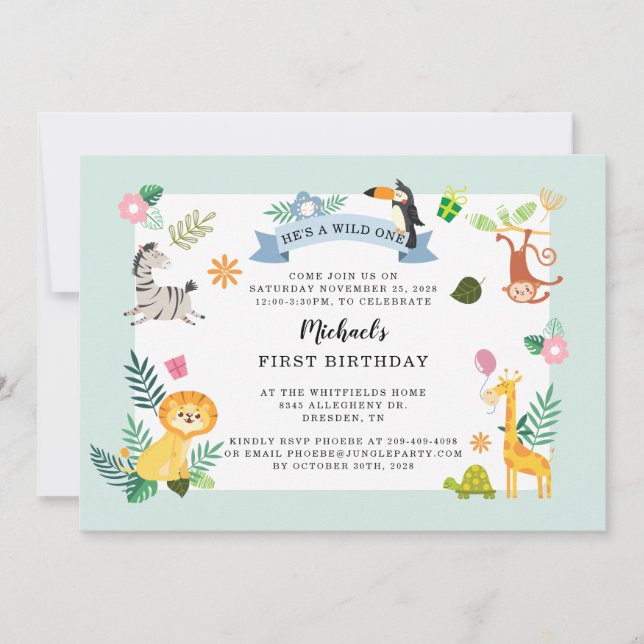 Invitation Wild One Jungle Safari animal 1er anniversaire (Devant)