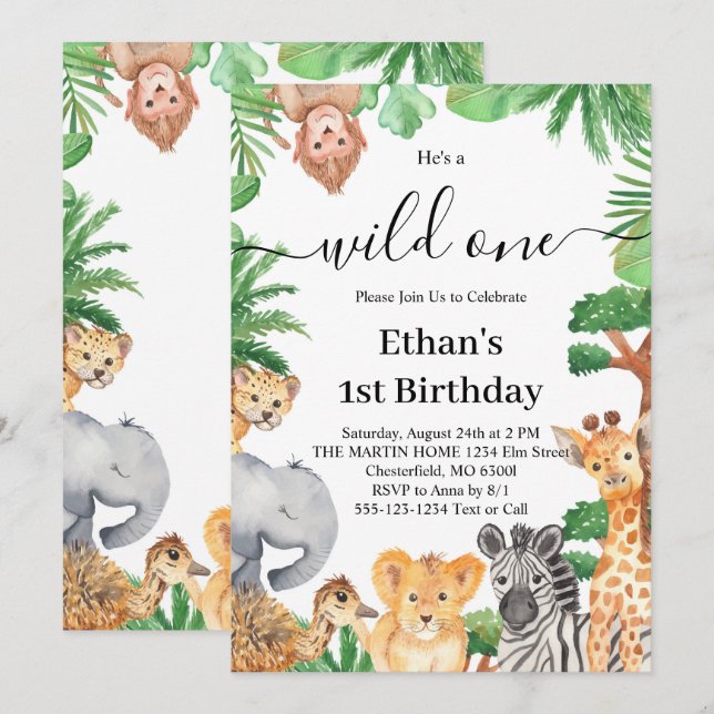 Invitation Wild One Jungle Safari Animaux 1er anniversaire (Devant / Derrière)