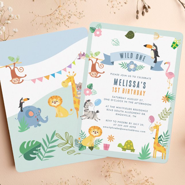Invitation Wild One Jungle Safari Animaux 1er anniversaire (Wild One Jungle Safari Animals 1st Birthday Party Invitation)
