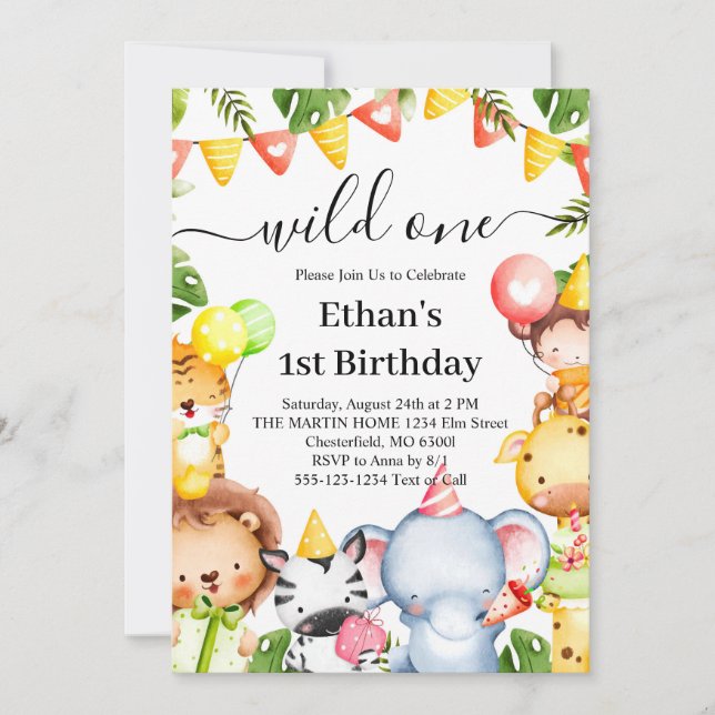 Invitation Wild One Jungle Safari Animaux 1er anniversaire (Devant)