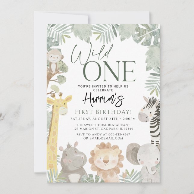 Invitation Wild One Jungle Safari Animaux Anniversaire (Devant)