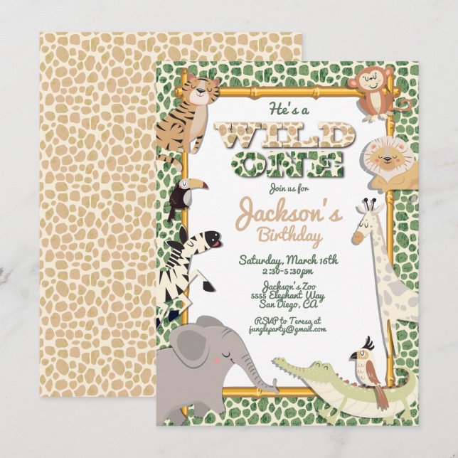 Invitation Wild One Jungle Safari Anniversaire Fête Invitatio (Devant / Derrière)