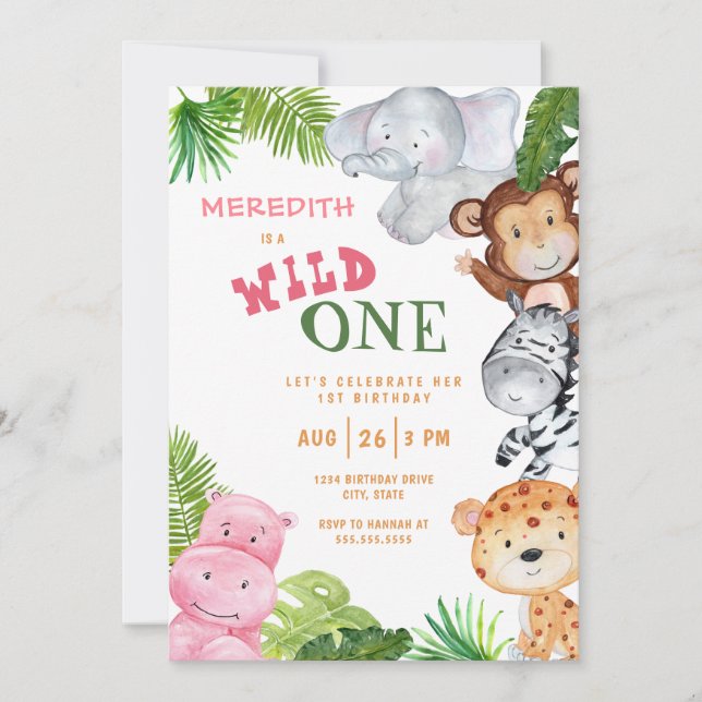 Invitation Wild One Jungle Safari Anniversaire Fille (Devant)
