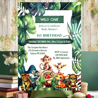 Invitation Wild One Jungle Safari Feuilles tropicaux Annivers