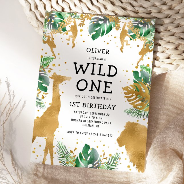 Invitation Wild One Jungle Safari Gold Green 1er anniversaire (Créateur téléchargé)