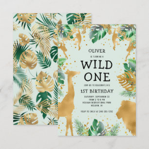 Invitation Wild One Jungle Safari Green Gold 1er anniversaire