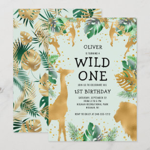 Invitation Wild One Jungle Safari Green Gold 1er anniversaire