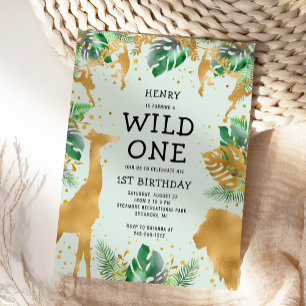 Invitation Wild One Jungle Safari Green Gold 1er anniversaire