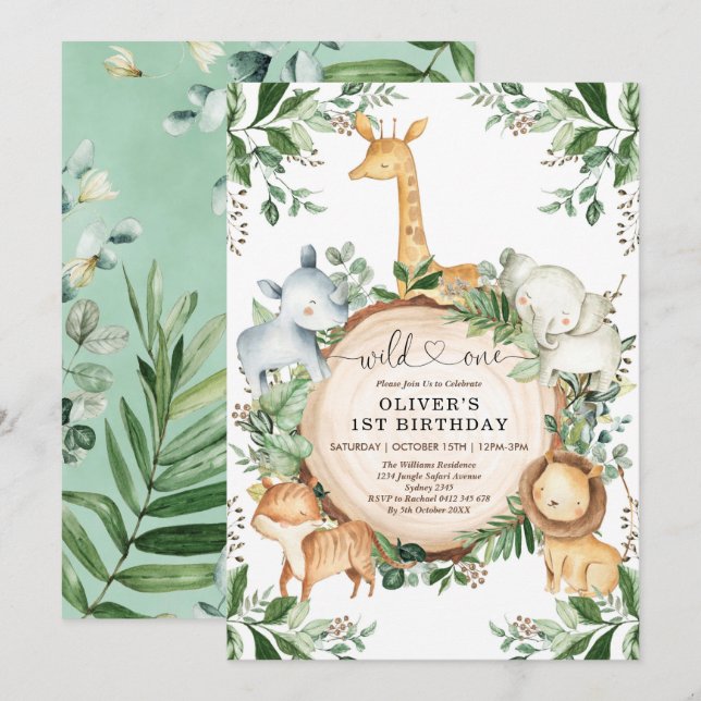 Invitation Wild One Jungle Safari Party Animaux 1er anniversa (Devant / Derrière)