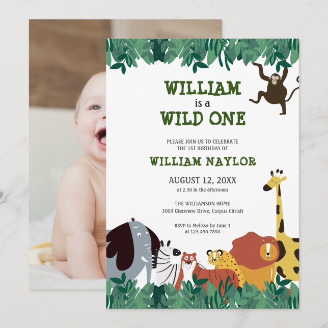 Invitation Wild One Jungle Safari photo premier anniversaire (Devant / Derrière)