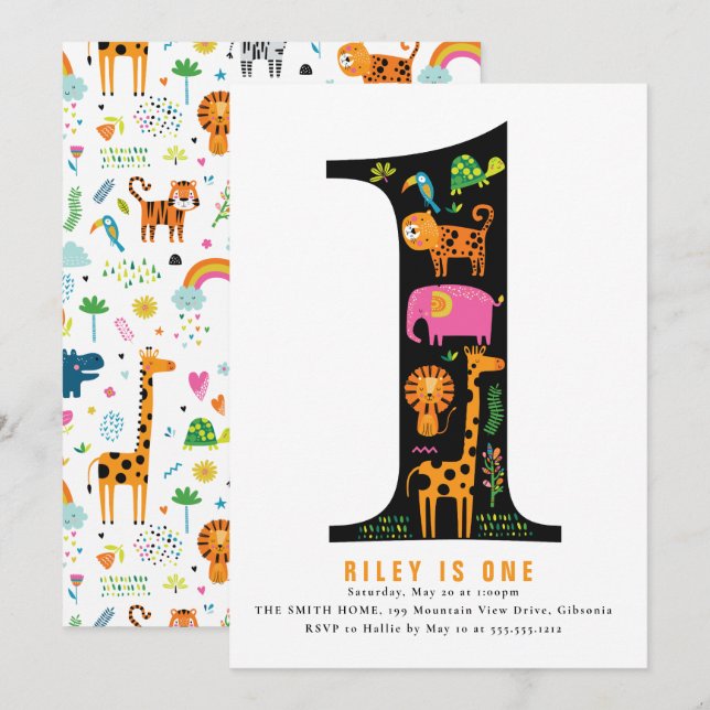 Invitation Wild One Jungle Safari premier anniversaire (Devant / Derrière)