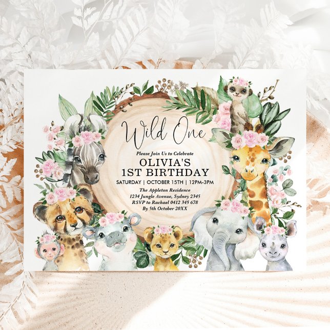 Invitation Wild One Jungle Safari Rose Floral Girls Anniversa (Créateur téléchargé)