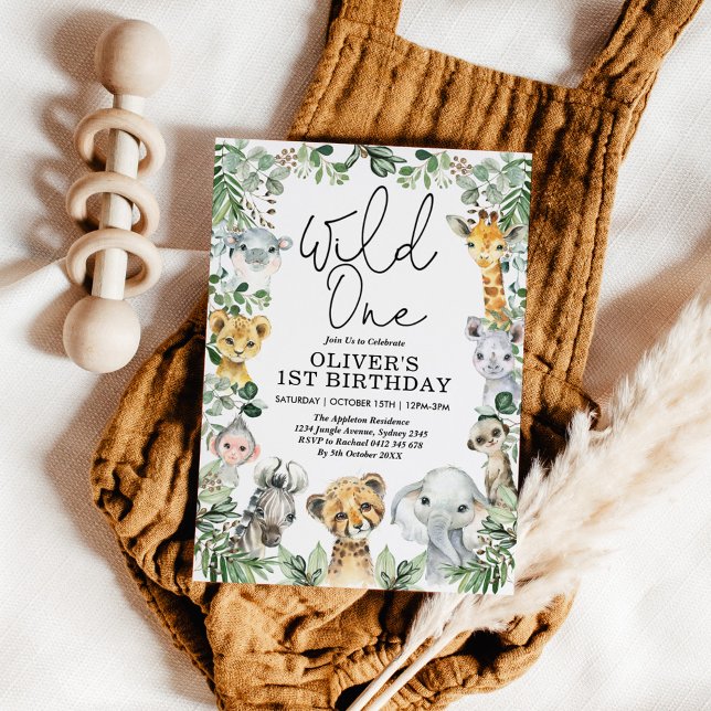Invitation Wild One Jungle Safari Verdure 1er anniversaire Ga (Créateur téléchargé)