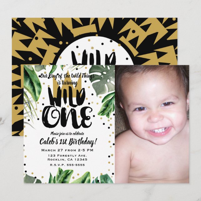 Invitation Wild One King of Things Crown 1st Birthday Party (Devant / Derrière)