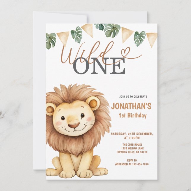 Invitation  Wild One Lion 1st Birthday Party (Devant)
