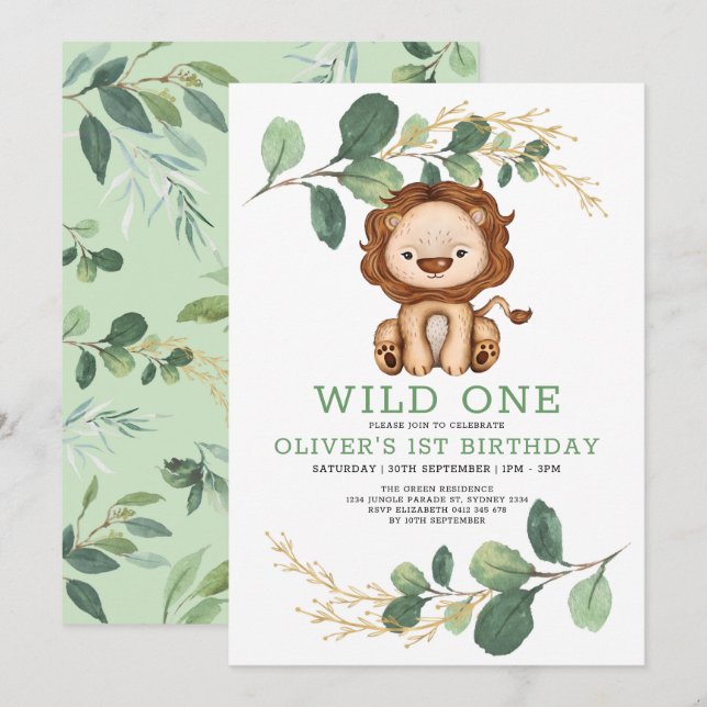 Invitation Wild One Lion Green Gold 1er anniversaire fête (Devant / Derrière)