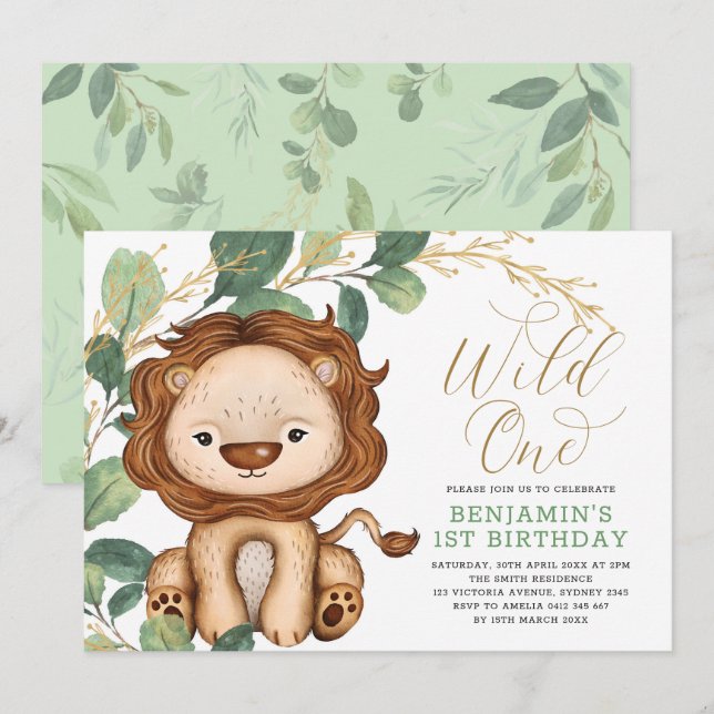 Invitation Wild One Lion Green Gold 1er Birthday Boy (Devant / Derrière)