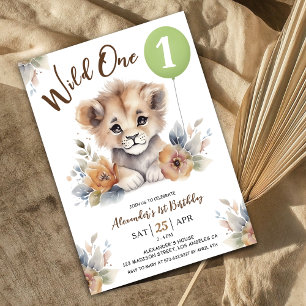 Invitation Wild One Lion Sage Green Balloon 1er Birthday Boy